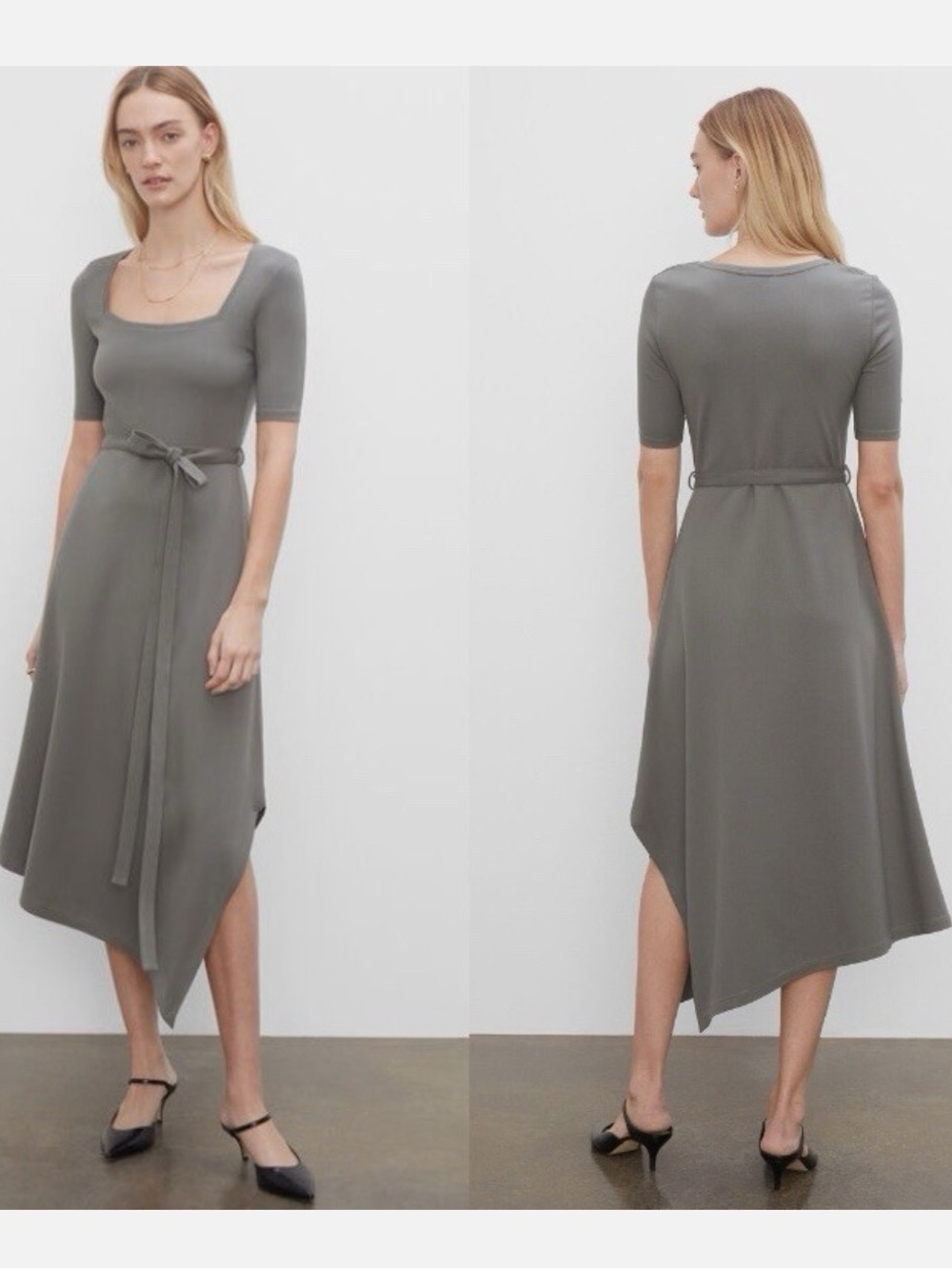 Club Monaco Square Neck Asymmetric Hem Dress in Olive Gray